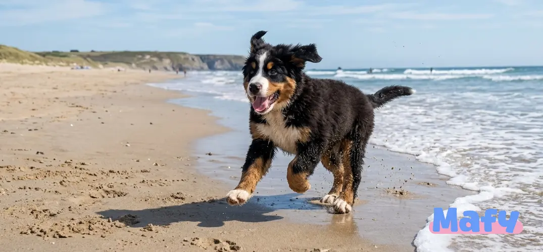 Buzz, chiot bouvier bernois court sur la plage